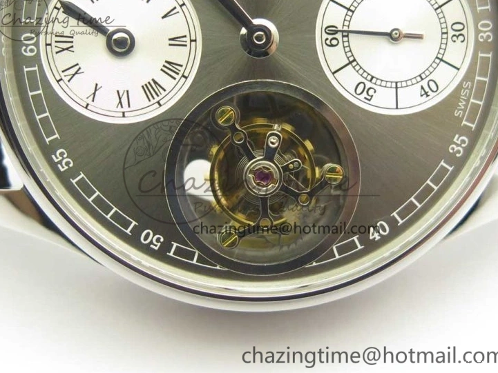 MIROTIME 0714 Popular Portuguese Flying Tourbillon SS Gray Dial 2 Sub Dials on Black Leather Strap 7159